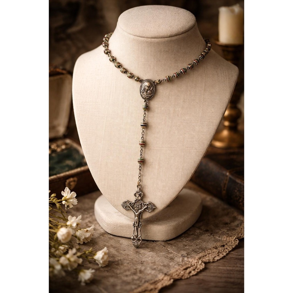 Vintage Rosary Necklace Enamel Metal Beads Crucifix Catholic Devotional